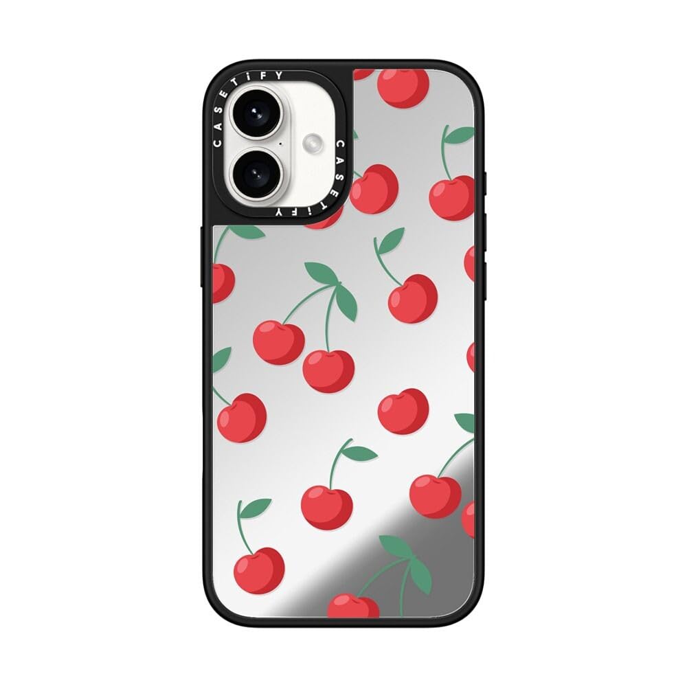 CASETiFY Mirror iPhone 16 Plus Case [Reflective / 4.9 ft. 1X Military Grade Drop Protection/Compatible with Magsafe] - Cherries - Silver on Black