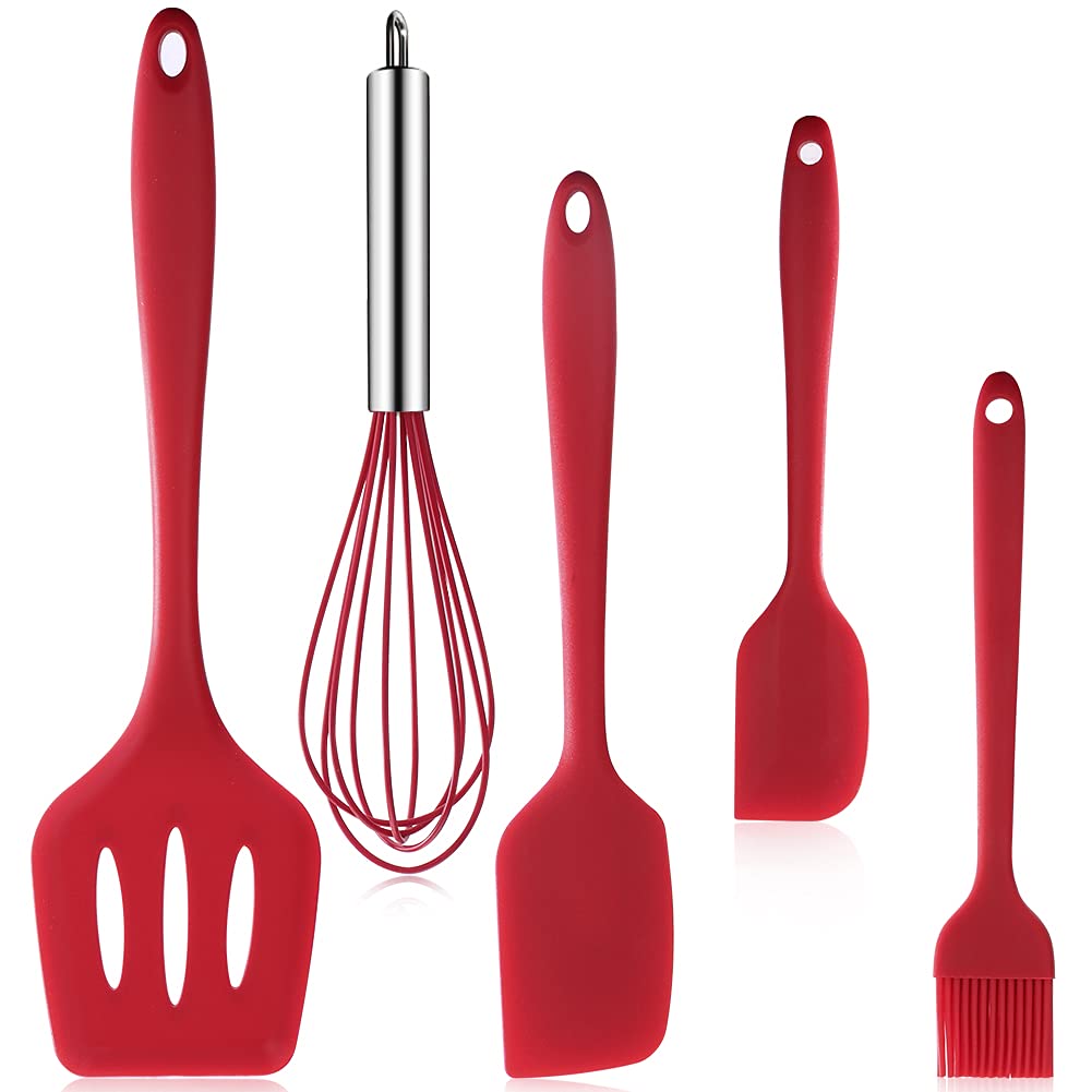 5PCS Red Spatula Kitchen Utensil Set, Silicone Cooking Utensils-Silicone Spatula, Basting Brush, Whisk, Slotted Turner - Kitchenware Non-Stick & Heat Resistant, Spatulas for Cooking, Baking and Mixing
