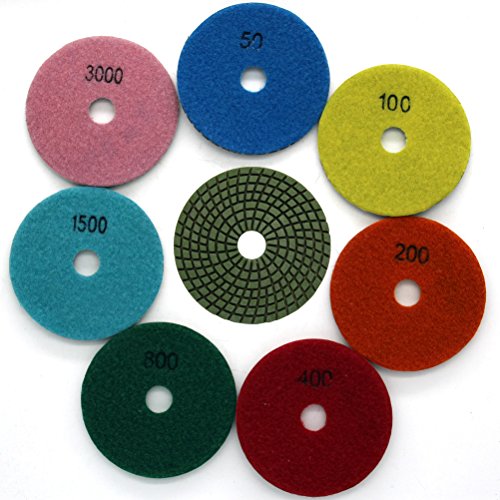 Easy Light Diamond Wet Polishing Pads Sanding Grinding Discs Tools 4 Inch Grit 50#-3000# (7 Pcs Set) for Granite Marble Stone