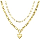 KNOWTODAY Chunky Gold Necklace for Women 14K Gold Plated Paperclip Chain Puffy Chunky Heart Pendant Necklace Charm Toggle Clasp Thick Chain Layered Necklaces Set Trendy Jewelry Gifts
