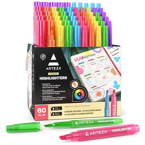 ARTEZA Highlighters, Bulk Set of 60 Neon Colors with Broad & Narrow Chisel Tips…