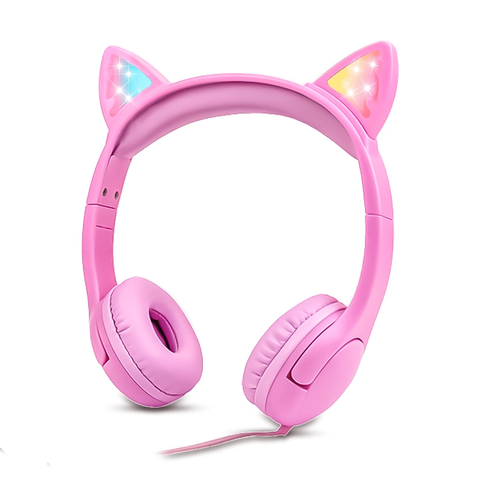 Olyre Kids Headphones, Safe 85db Volume Control Light Up Cat Ear Headphones with Sharing Port for Classroom/Travel/Homeschool, Sparkling Birthday Gifts for Girls & Boys - All Pink