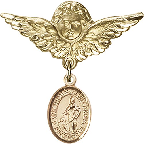 Gold Filled Baby Badge with St. Thomas of Villanova Charm and Angel w/Wings Badge Pin 1 1/8 X 1 1/8 inches