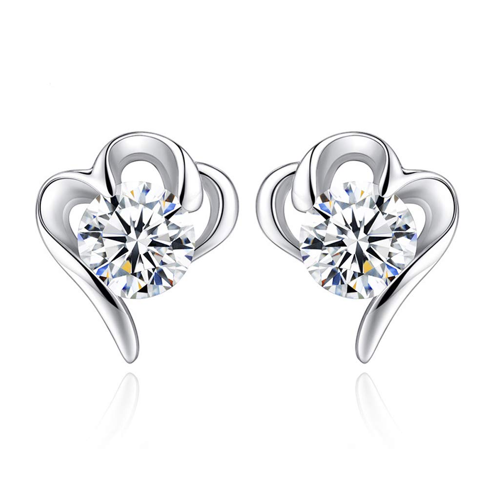 Shuxin Silver Stud Earrings for Women, 925 Sterling Heart Stud Earrings, with White AAA Cubic Zirconia, Hypoallergenic Jewellery for Sensitive Ears, Suitable for Women Girls Children