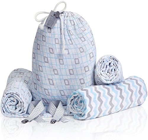 Muslin Swaddle Blankets – Cotton Baby Wrap for Swaddling, Stroller Blanket, Burp Cloth – Perfect Baby Shower Gifts – Newborn Swaddle Blanket Set + FREE Pacifier Clips + Card by Kululush Babies – Blue