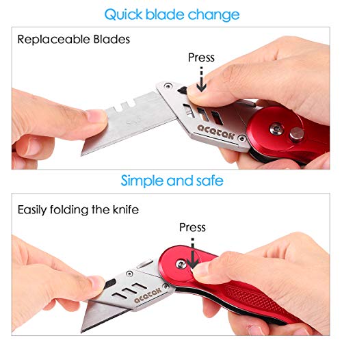 acetek Utility Knife Box Cutter,Pocket Folding Utility Knives Retractable with 10pcs Stainless Steel Blades, Belt Clip, Safety Quick Change Blade and Lock-Back Design - Thumbnail 3