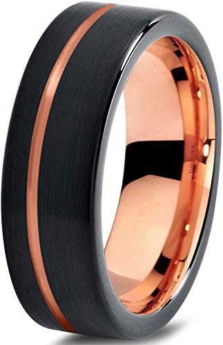 Midnight Rose Collection Tungsten Wedding Band Ring 7mm for Men Women 18k Rose Yellow Gold Plated Flat Cut Off Set Line Black Brushed Polished