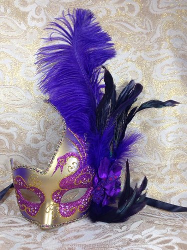 Grand Venetian Impression Purple and Gold Grand Swan Laser Cut Masquerade Mask - Decorated w/ Side Feather