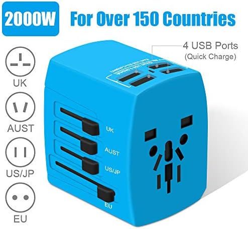 Travel Adapter, 2000W International Power Adapter, All in One Universal Power Adapter with 4 Quick Charge USB 3.0 Ports, for UK, EU, AU, US, Over 150 Countries (Blue)