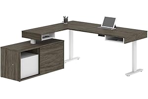 Bestar Pro-Vega L-Shaped Standing Desk with Credenza, 81W, Walnut Grey & White