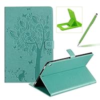 Flip Case for iPad 10.2 2019,Smart Leather Cover for iPad 7th Generation,Herzzer Retro Pretty Tree Butterfly Cat Design Wallet Folio Case for iPad 10.2 Inch 2019(7th Gen)+Stand+Stylus Pen,Green