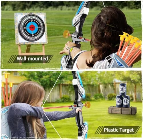 2 Pack Set Bow and Arrow Archery Toy for Kids, LED Light Up with 20 Suction Cup Arrows Target & Quiver, Outdoor Toys - Improve Fine Motor Skills, Hand-eye Coordination and Collaboration Abilities