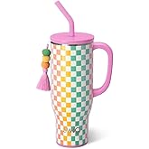 Swig Life 30oz Mega Mug, 30 oz Tumbler with Handle and Straw, Cup Holder Friendly, Dishwasher Safe, Extra Large Insulated Tumbler, Stainless Steel Checkered Water Bottle (Check Mate)
