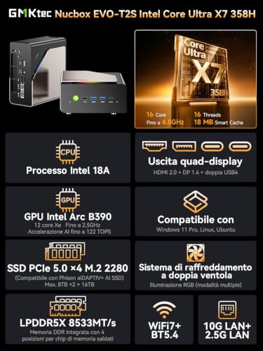 GMKtec T2S AI Mini PC con Intel Ultra X7 358H (superiore a 285H/HX370), Intel Arc B390, 64GB LPDDR5X 8533MHz (16GB×4), SSD PCIe 4.0 1TB, RJ45 10Gbps, WiFi 7, BT5.4, 2×USB4, Oculink, display 4×8K