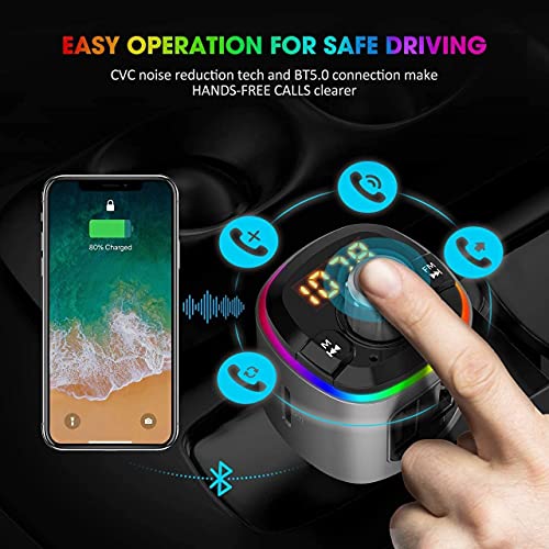 Bluetooth FM Transmitter for Car, Dynamic RGB Wireless Bluetooth Adapter Car Kit with V5.0, QC3.0 and Dual USB Charging Ports, Support Siri Google Assistant, Micro SD Card, Hands-Free Calling