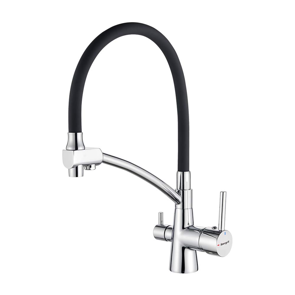 Ibergrif, Black Kitchen Tap with Flexible Spout, 3 in 1 Sprayer for Sink Mixer, Chrome