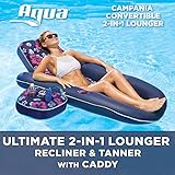 AQUA Campania Ultimate 2 in 1 Recliner & Tanner Pool Lounger with Adjustable Backrest and Caddy, Inflatable Pool Float, Navy Hibiscus