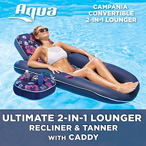 AQUA Campania Ultimate 2 in 1 Recliner & Tanner Pool Lounger with Adjustable Backrest and Caddy, Inflatable Pool Float, Navy Hibiscus