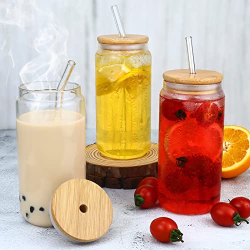 Gavoyeat Drinking Glasses with Bamboo Lids and Straw Set of 6, 16oz Can Shaped Glass Cups Beer Glass Iced Coffee Glasses Cute Tumbler Cup for Fruit juice, Smoothie, Boba Tea, Water