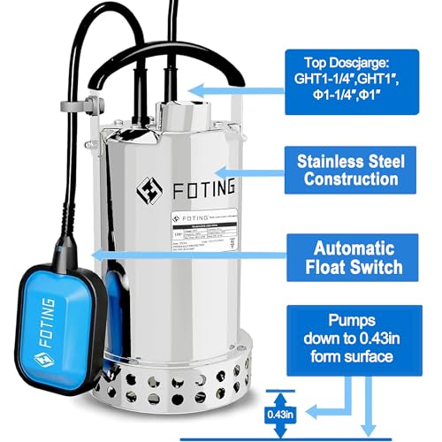 Full 304 Stainless Steel Submersible Water Pump 1HP 4600GPH with Automatic Float Switch, Utility Pump for Pool Draining Fast Water Removal in Basement Sewage Heater Flush Pit Hot Tub Garden Pond