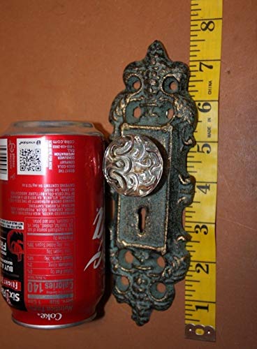 Set of 6 Skeleton Keyhole Design Cabinet Pull, Patterned Glass Knob Bronze-Look cast Iron Backplate, Center Space 5 1/4 inch, Back Plate 7 3/8 inches, HW-63