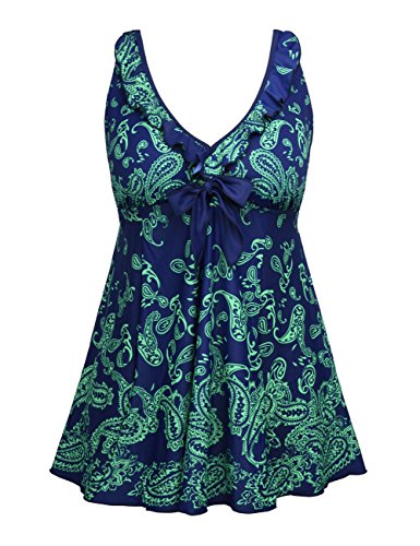 Firpearl Women's Retro Tie Front Swimdress Ruffle Plus Size Tankini Top Swimsuit US 20 Turquoise