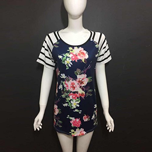 Pengy Clearance Women Short Sleeve Striped Floral Printed Blouse Shirt Tops (S, Blue)