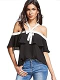 Verdusa Women's Off The Shoulder Short Sleeve Ruffle Halter Blouse Shirt Top Black L