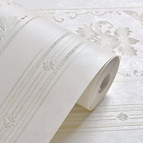 SunZhi European wallpaper striped nonwoven wallpaper 3D embossing fine press wallpaper living room bedroom full wallpaper wallpaper,Mica white 8-1306,Wallpaper only