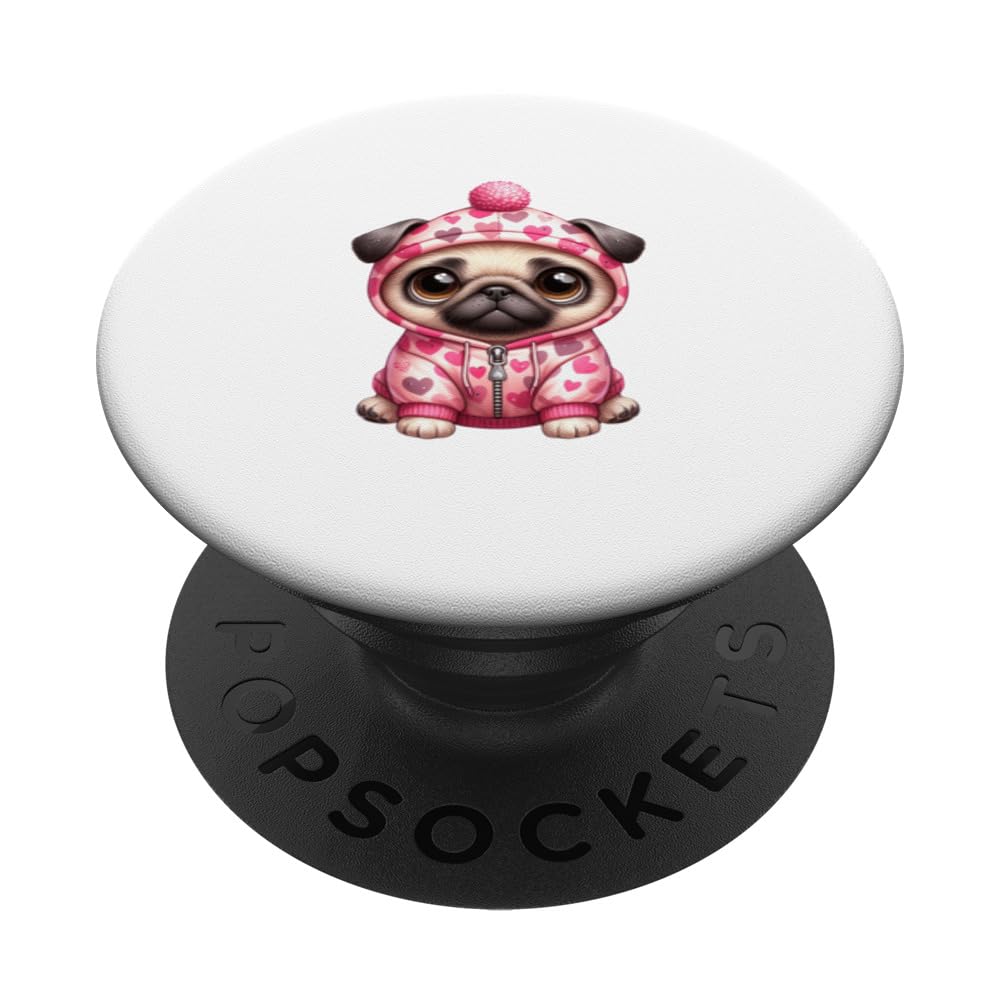 funny valentine pink dog cute animal with heart pug PopSockets Swappable PopGrip