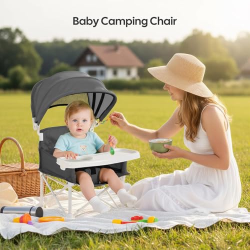 Portable Baby Chair, Foldable Toddler Booster Seat, with Removable Tray, Canopy and Safety Harness, Baby Sit up Chair, Portable Seat for Kitchen Chair (Gray)