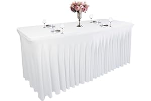 Yoquare White Spandex Table Skirt for Rectangle Tables (4Ft) | 1-Pack Stretch Pleated Tablecloth for 48" L x 24" W x 30" H Rectangular Tables | Suitable for Banquets, Trade Shows, Birthday