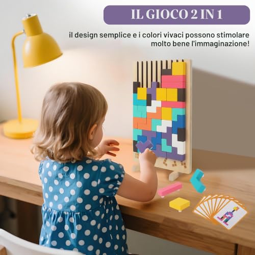 Tetris Wooden Stacking Game Educational Toys with 10 Cards Intelligence Jigsaw Puzzle Children 3 4 5 6 Years Old Colorful Geometric Blocks Tetris Educational Gift