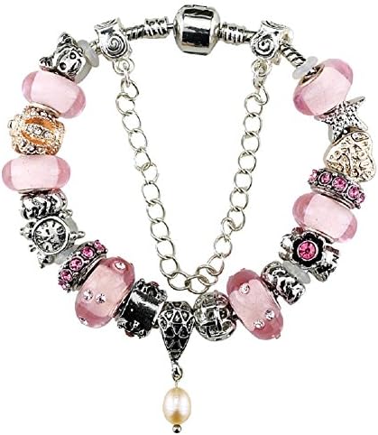 White Birch Silver Plated Murano Glass Heart Charm Bracelets with Charms for Pandora Pink Crown Star for Women