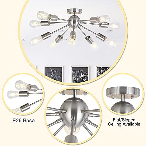 BONLICHT 10Light Sputnik Chandelier Brushed Nickel Flush Mount Ceiling