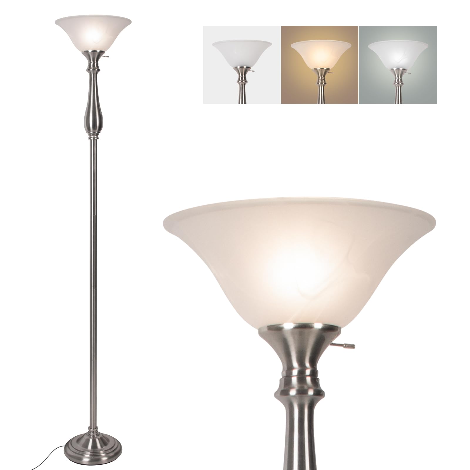 Photo 1 of Torchiere Floor Lamp for Living Room, Standing Lamp with White Alabaster Glass Shade, Iron Brushed Nickel Floor Lamps, Corner Lamps for Bedroom, Office, Reading