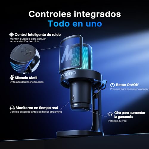 MAONO DGM20W - Micrófono Inalámbrico/USB para PC, Micrófono Condensador para Juegos, Podcasting y Streaming, Micrófono RGB con Cancelación de Ruido, Botón de Silencio, Perilla de Ganancia (Negro)