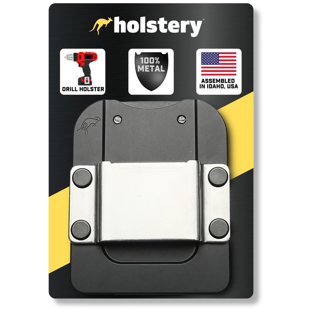 Holstery DriverMaster PRO | Clip-On Tool Belt Drill Holder - Simple Hook Holster for Cordless Drill, Impact, Nailer, Tape Measure, or Any Tools with Hanger Clips - All Metal, Black