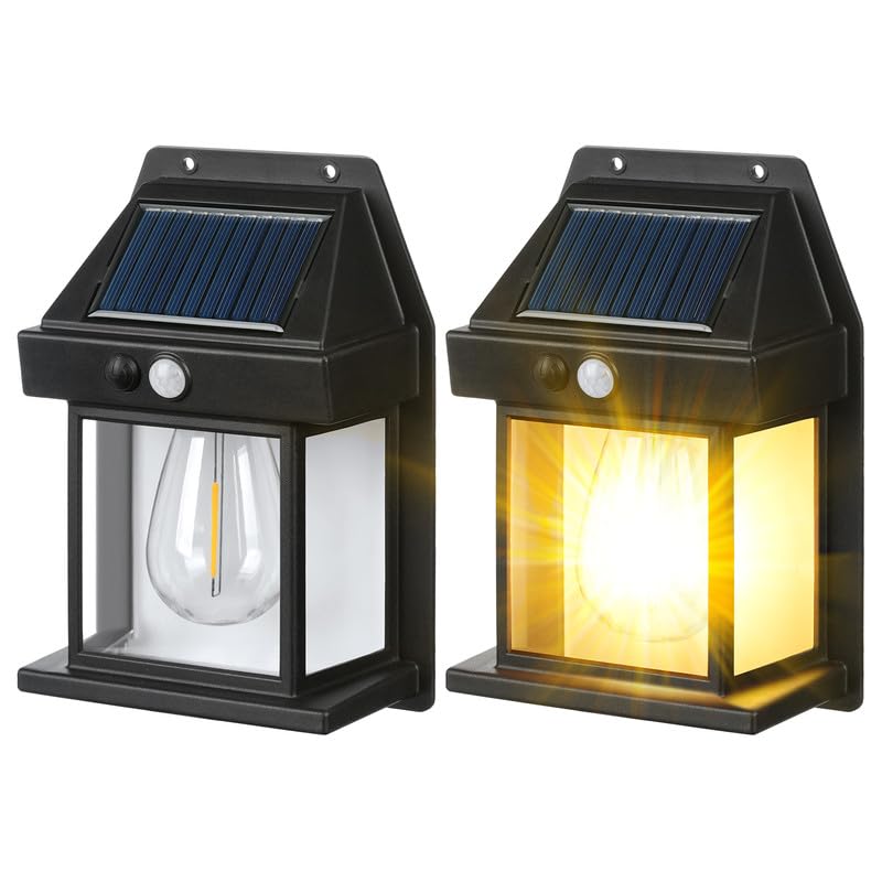 flintronic 2 Pack Solar Wall Lights Outdoor Garden, Solar Security Lights Outdoor with PIR Motion Sensor, Solar Vintage Wall Lanterns with IP65 Waterproof, for Wall Patio Fence Yard Front-Black