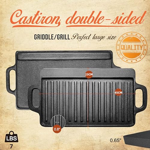 Chapa, Chapa de Ferro Fundido para Fogao, 23 * 45cm, Grill para Fogão e Indução, Duas Maneiras de Usar,