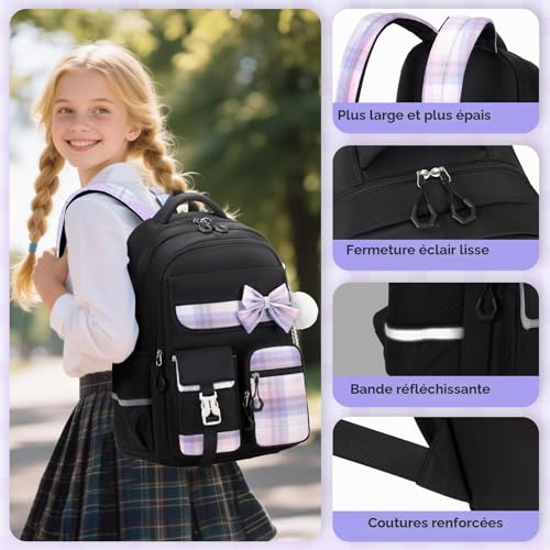 Tanou Girls Primary School Bag, Waterproof Daypack School Backpack for Teens, Kawaii Checked School Bag for Girls 9-16 Years Old for Travel