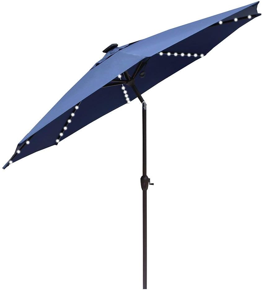 Amazon Com Le Papillon Outdoor Patio Umbrella 9 Ft Solar Powered Lighted Table Market Umbrella With Crank And Push Button Tilt Blue Garden Outdoor