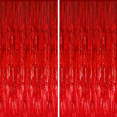 GOER 3.2 ft x 9.8 ft Metallic Tinsel Foil Fringe Curtains for Party Photo Backdrop Wedding Decor (2 Pcs, Red) โ image 1