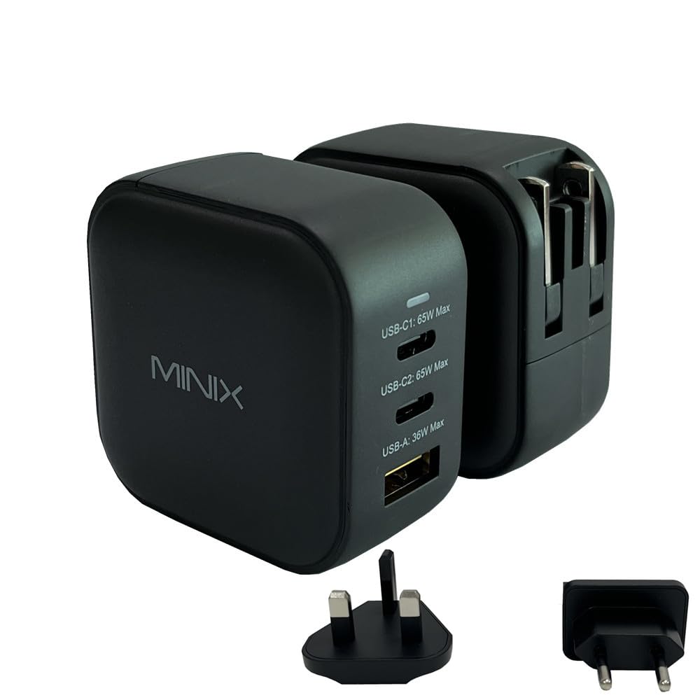 MINIX NEO P1 Wall Charger with 3 USB ports 2 x USB-C 3.0 (Maximum 65 W) 1 x USB-A Quick Charge 3.0 (Maximum 36 W), adapter included: EU, UK, US