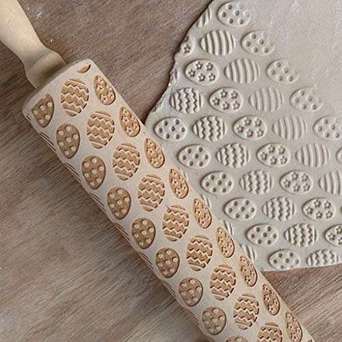 SSYongxia❤ Fashion Radish Printing Rolling Pin Engraved Carved Wood Embossed Rolling Pin Kitchen Tool