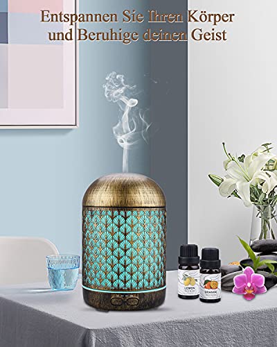 JVJH 300ml Aroma Diffuser, Metall Aromatherapie Diffusor mit 2 x10ml Ätherische Öle Set,Raumbefeuchter Elektrisch Duftlampe,7 Farbe Licht Vintage Diffusor für Home &Office