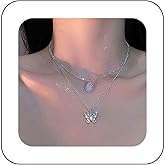 Andelaisi Boho Layered Butterfly Choker Necklace Silver Rhinestone Butterfly Pendant Necklace Vintage Sapphire Crystal Necklace Choker Waterdrop Crystal Necklace for Women