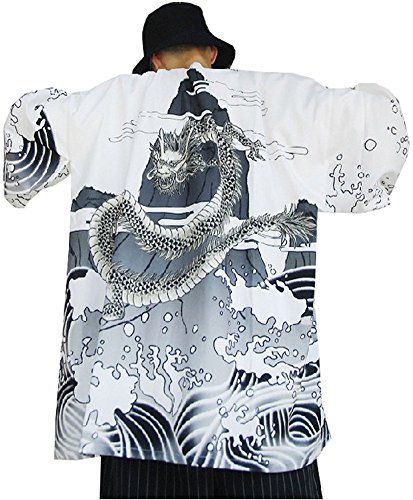 Men's Kimono Yukata Cardigan Casual Dragon Pattern Open Front Coat (White, Large) - Thumbnail 7