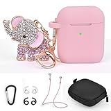 TOROTOP Compatible for Airpods Case Keychain Set 7 in 1 Silicone Protective Airpod Case Cover Accessories with Bling Elephant Keychain/Strap/Ear Hook/Travel Box Compatible for Apple Airpod 2&1(Pink)