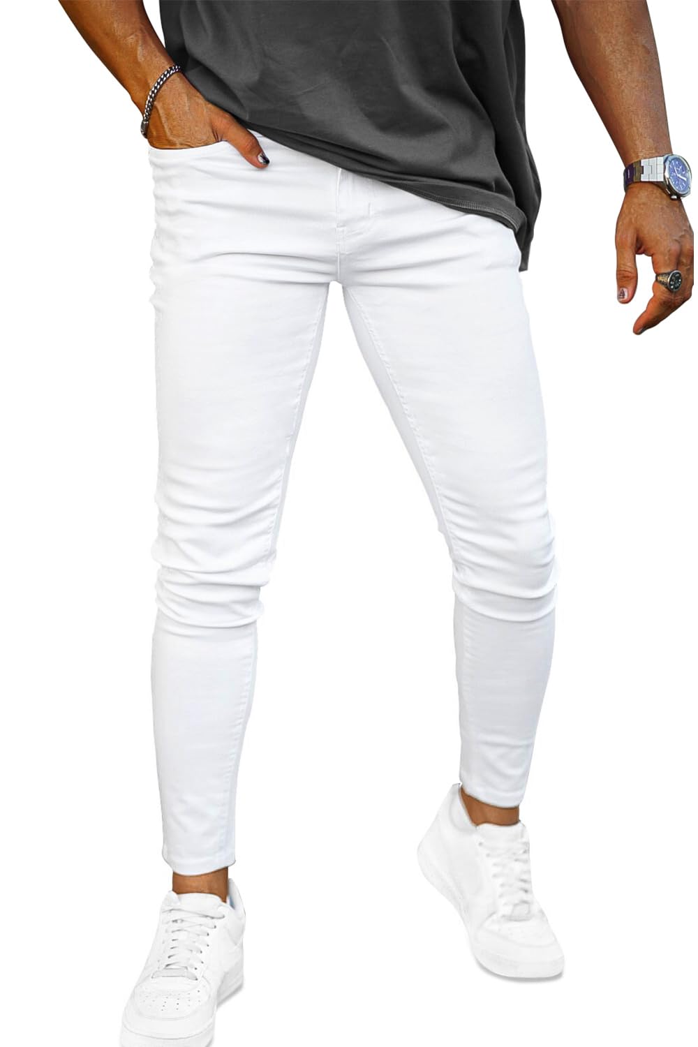 Photo 1 of GINGTTO Skinny Jeans Men Slim Fit Stretch Elastic Waist Jeans Pants (34W32L, White)